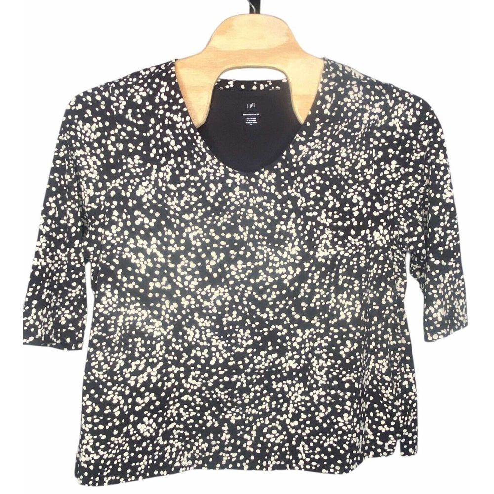 J. Jill blouse size 2XL navy blue white polka dots 3/4 sleeve Forward seam tee
